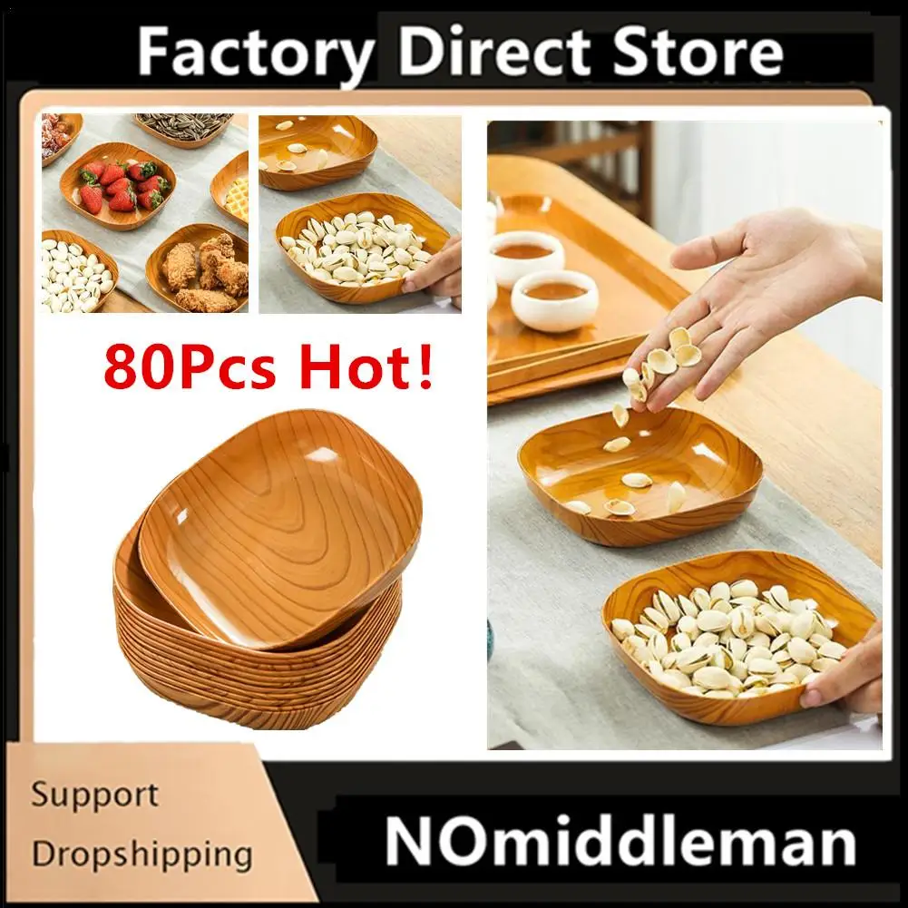 

80Pcs Kitchen Wood Grain Plastic Square Plate Flower Pot Tray Cup Pad Coaster Plate Kitchen Decorative Plate Creative Coaster