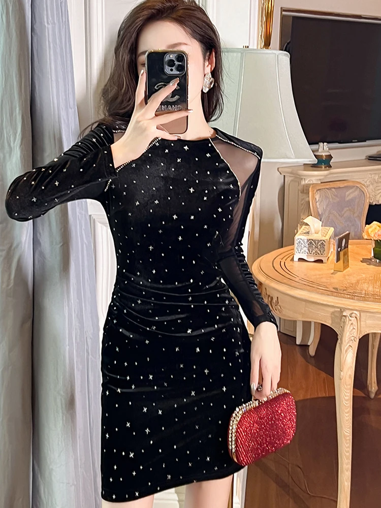 Vestido de fiesta de terciopelo con lentejuelas brillantes para mujer, minivestido ajustado con empalme de malla transparente, diamantes, estilo celebridad, fiesta de banquete