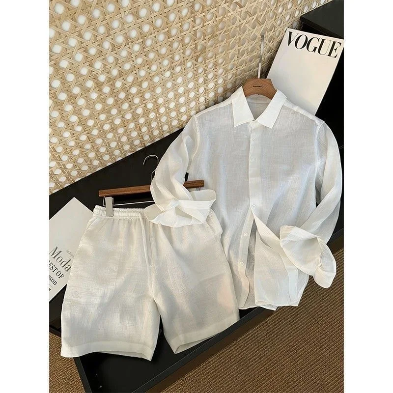 Lightweight Breathable Summer Men's Silk Cotton Linen Set Long Sleeve Shirt And Shorts Loose Fit Comfortable Skin-Friendly Ch...