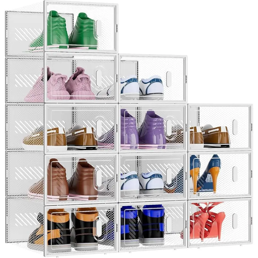 

12 Pack Stackable Shoe Storage Boxes Fit Size 9, Thickened Clear Shoe Box Bins with Lids, Plastic Foldable Organizer Sneaker Sto