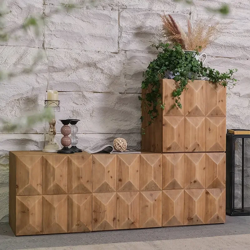 Medieval solid wood card door cabinet, bucket cabinet, wabi sandy wind home living room module combination TV cabinet