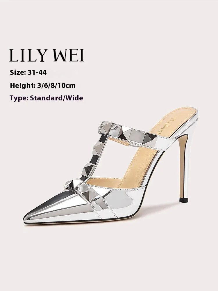 

Spring and summer new patent leather rivet leather sexy fashion slippers thin high-heeled dress large size small size women shoe