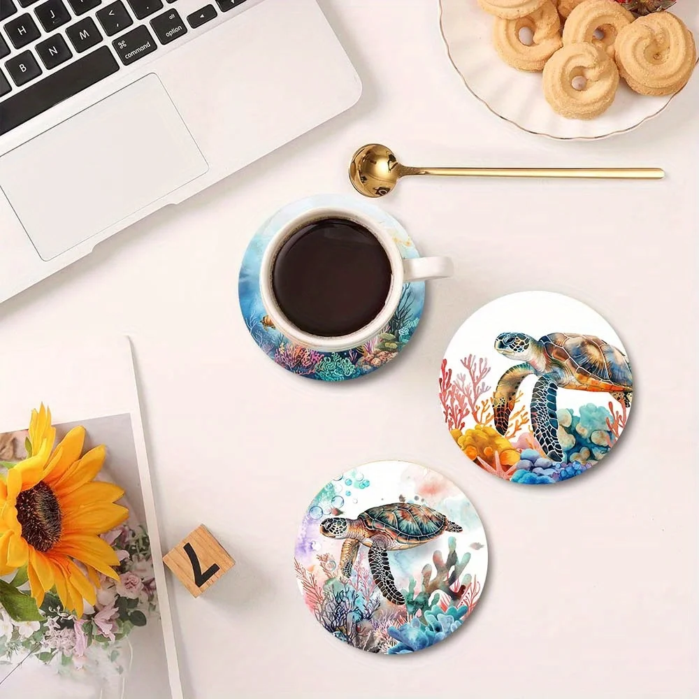 4in Sea Turtle Theme Beautiful Coral Patterns Wooden Coaster Set 6pcs  Deep Sea Turtle Coffee Family Parties Coffee Shops Gifts