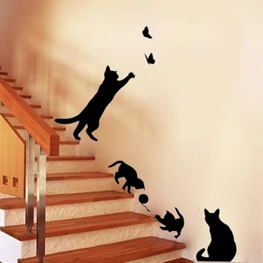 

Cat and Butterfly Wall Decal Stickers Removable Vinyl Wall Art for Living Room Bedroom Stairs Home Decor Black Silhouette Desig