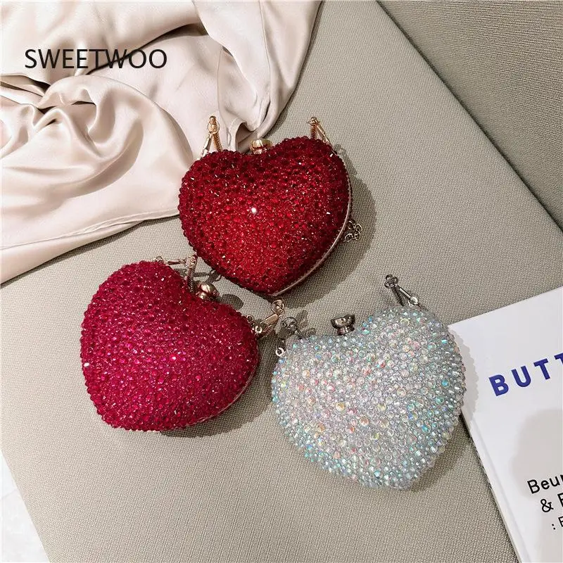 2026 New Womens Rhinestone Heart Shape Evening Bag Mini Top Handle Clutch Handbag for Party