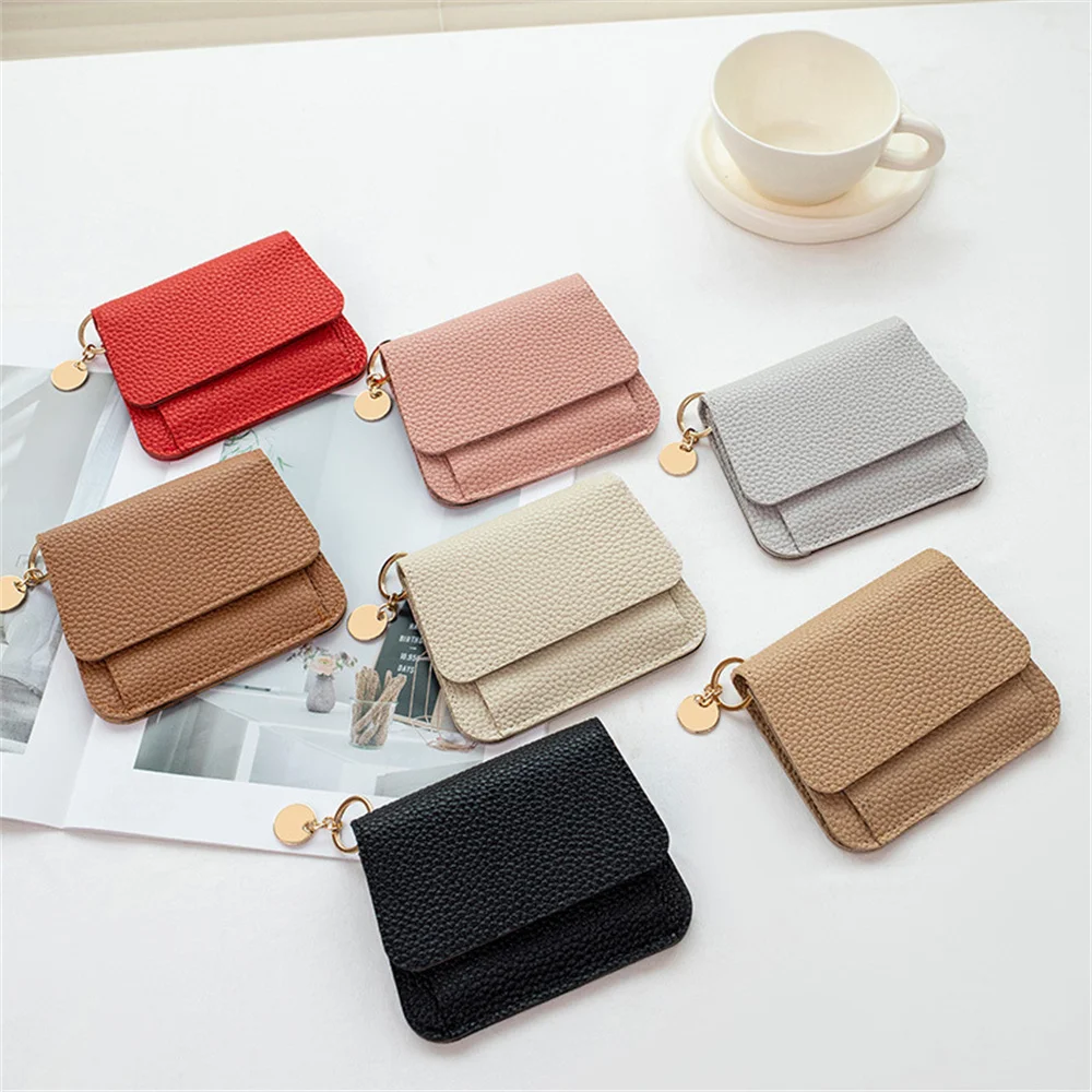 New Women's Short Wallet Solid Color Simple Button Card Holder Zipper Coin Purse Portable Bifold Credit Card Case Money Pouch