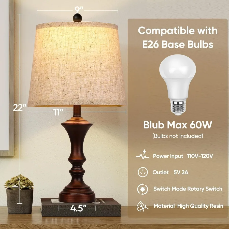 Retro Table Lamps Set of 2 Nightstand Lamp for Bedroom Vintage Rustic Table Lamps for Living Room Traditional Nightstand Bedsid