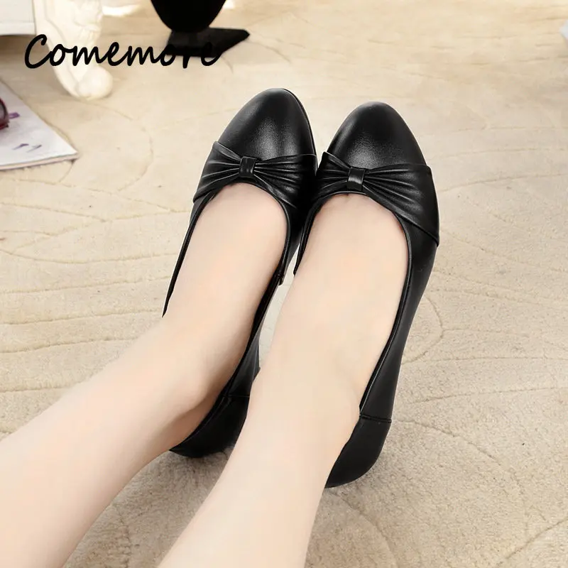 Comemore Office Shoes Women Wedge Heels Leather Black Ladies Shoe Fashion Elegant Slip on Women\'s Loafers Elderly Zapatos Mujer