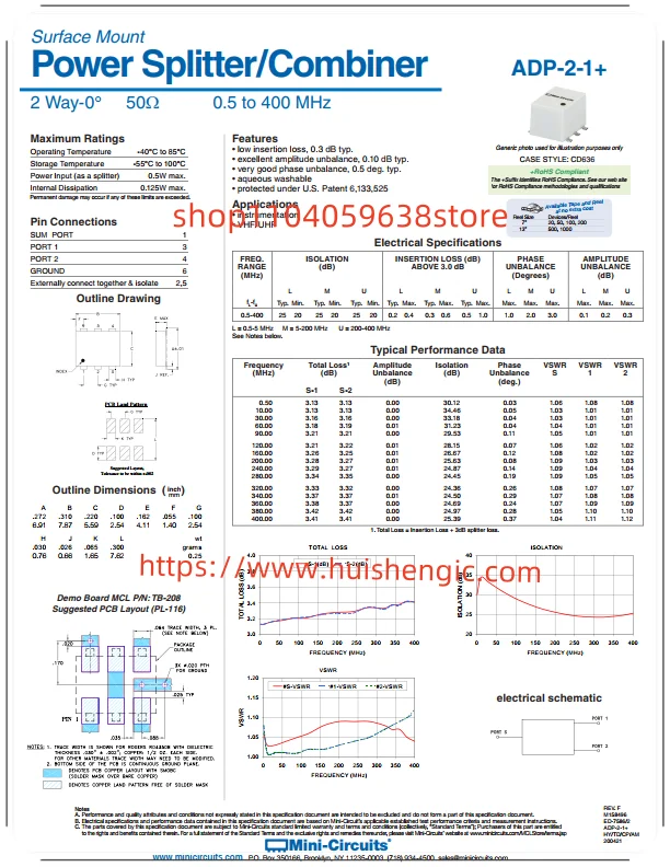 ADP-2-1+      RF power divider/splitter 500 kHz ~ 400 MHz isolation (min) 20dB, 3° imbalancemax) 6-SMD, flat leads