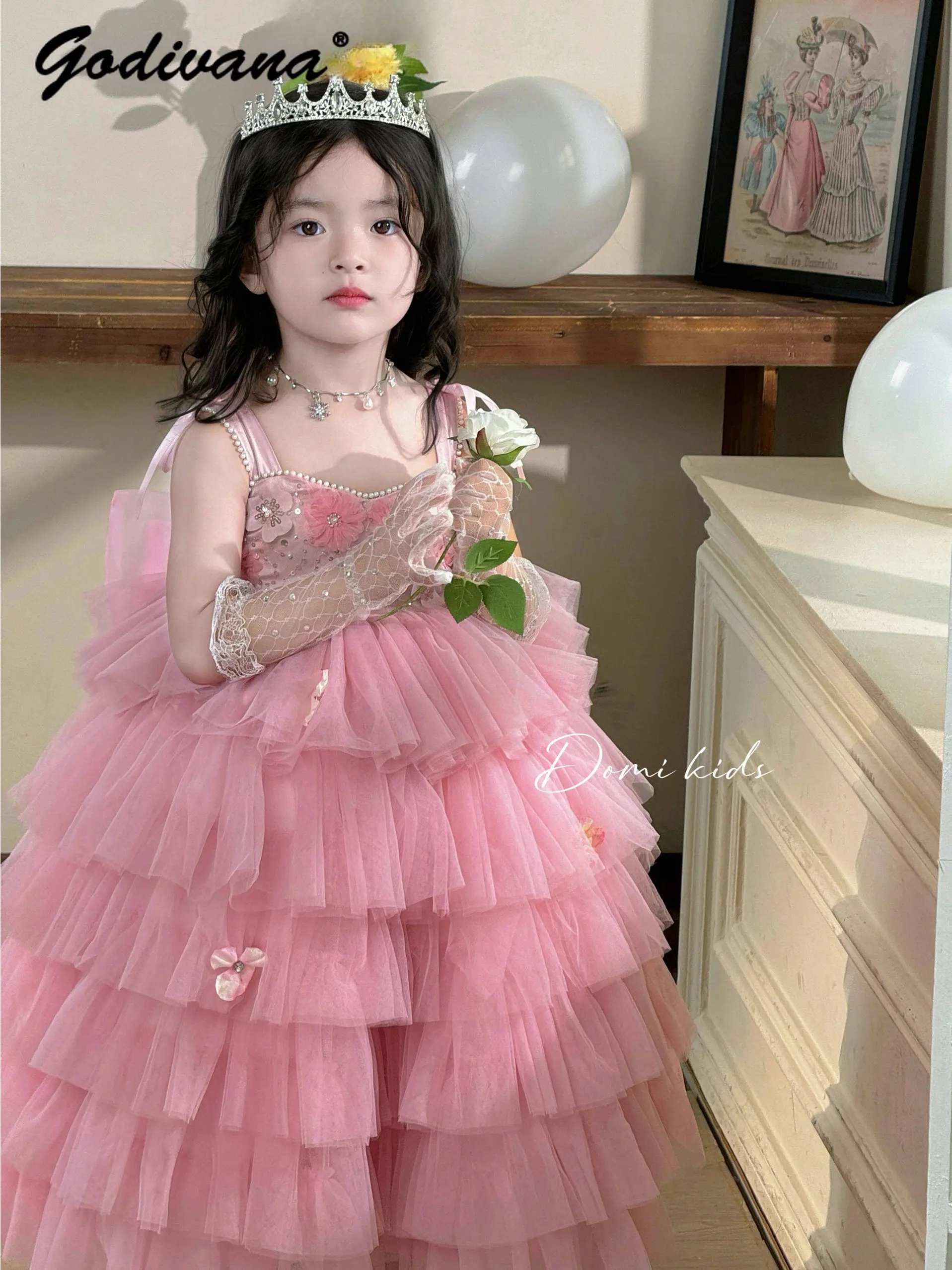 

Original Baby Girls High End Heavy Mesh Suspender Princess Dress Kids Summer New Sweet Rhinestone Floral Birthday Cake Tutu Gown