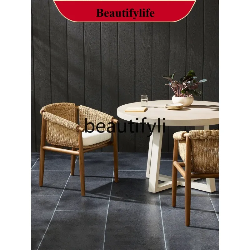 

Outdoor Sofa Teak Wood Set Hotel Open-Air Courtyard Waterproof Garden Rattan Chair Balcony Vintage Dining Table and Chairs H