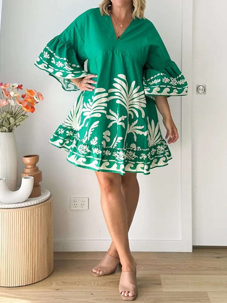 UOOZEE Women's Floral Printed Flared Sleeves V-Neck  A-line Dress 2025 New Loose Pleated Elegant Party Evening Mini Dresses