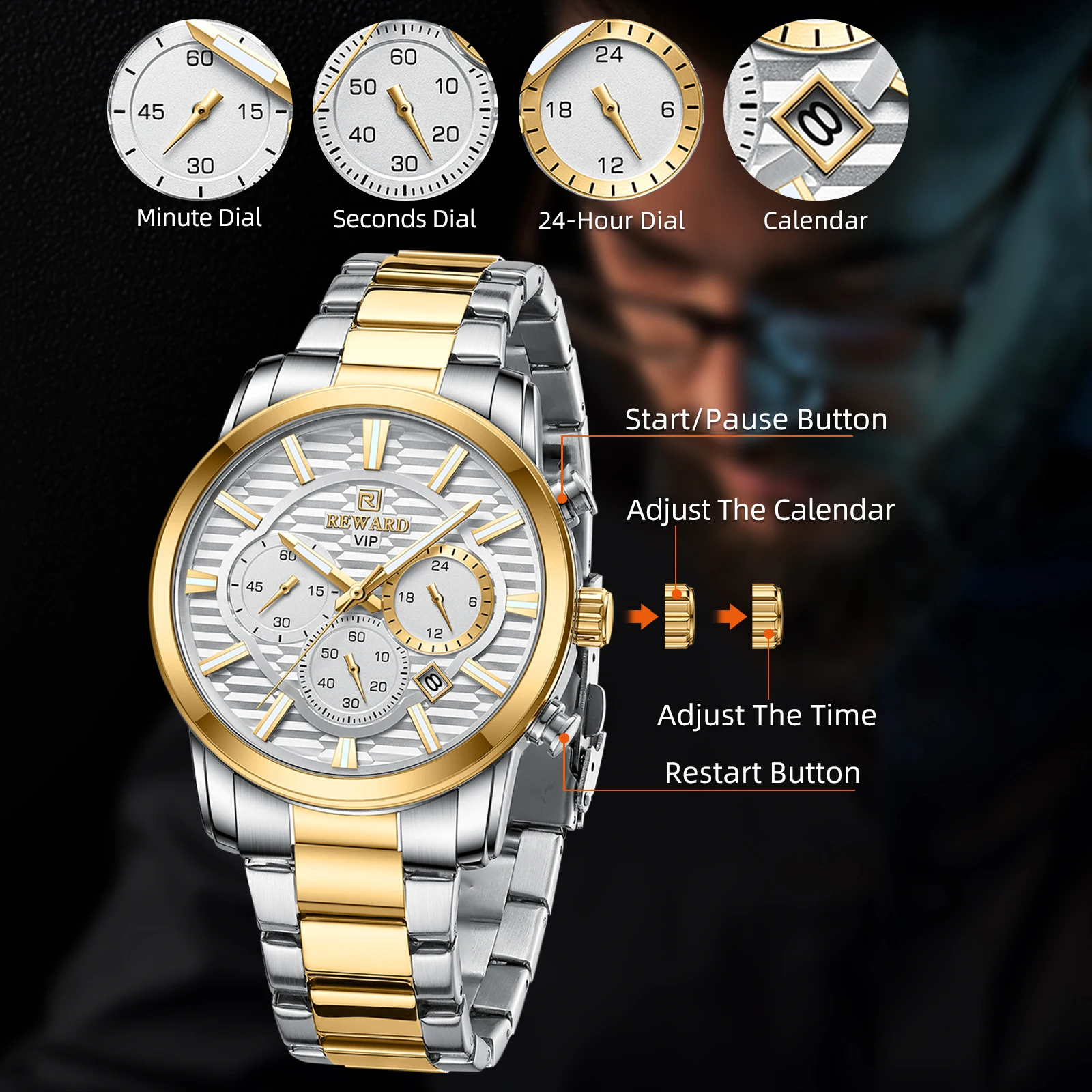 New REWARD VIP Dress Quartz Watches for Men Chronograph Luminous Waterproof Stainless Steel Sport Man Wristwatch