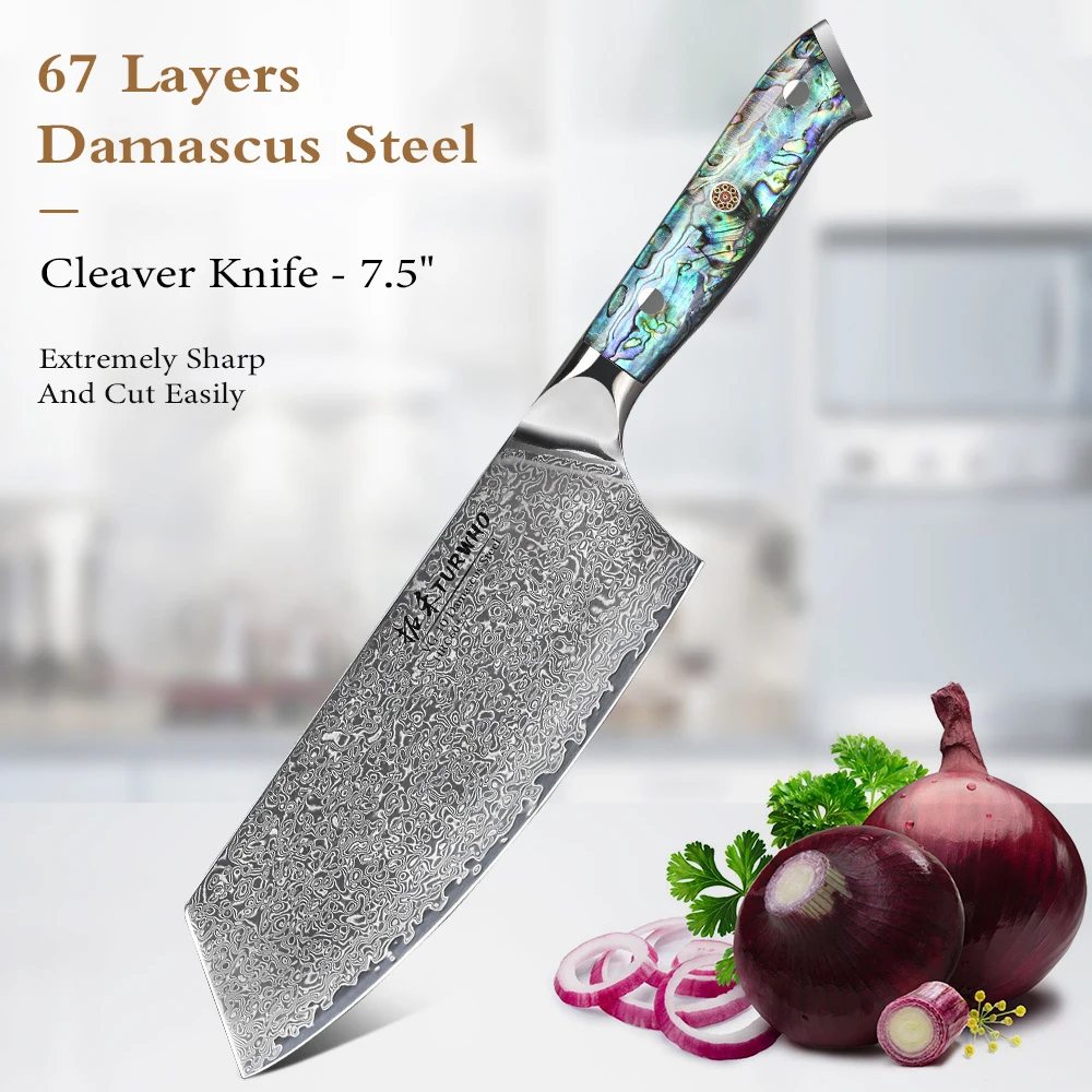 TURWHO 7.5 Inch Cleaver Knife 67 Layers Damascus Steel VG10 Chef Knife Slicing Cooking Tools Abalone Shell Handle Kitchen Knives