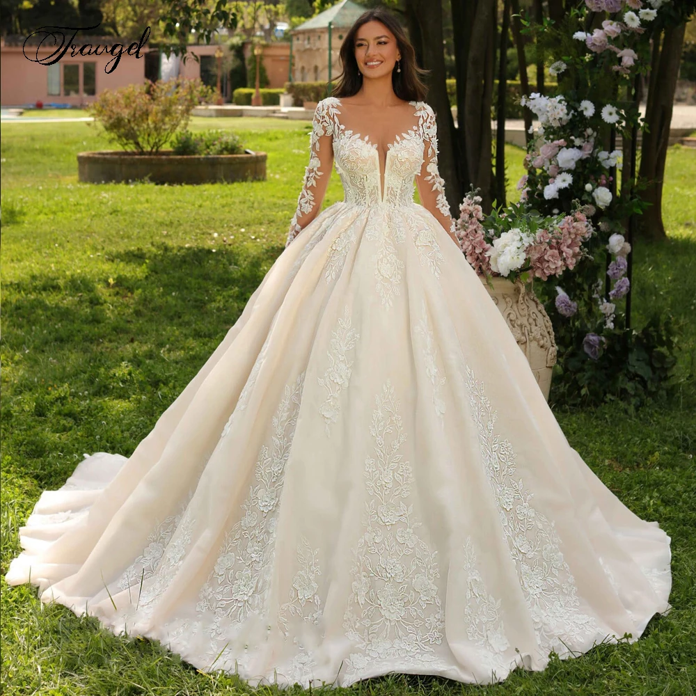 Traugel Ballkleid Prinzessin Brautkleider überbackene Langarm Vestido de Novia Stick applikationen elegante Robe de Mariee