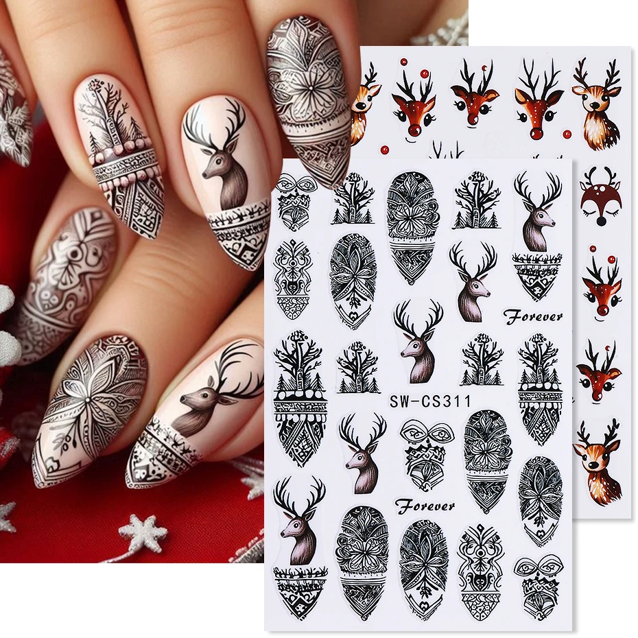 2 stücke Weihnachten Nagel Aufkleber Selbstklebende Cartoon Elch Retro Blütenblätter Rentier Design Nagel Aufkleber DIY Maniküre Dekoration Sliders