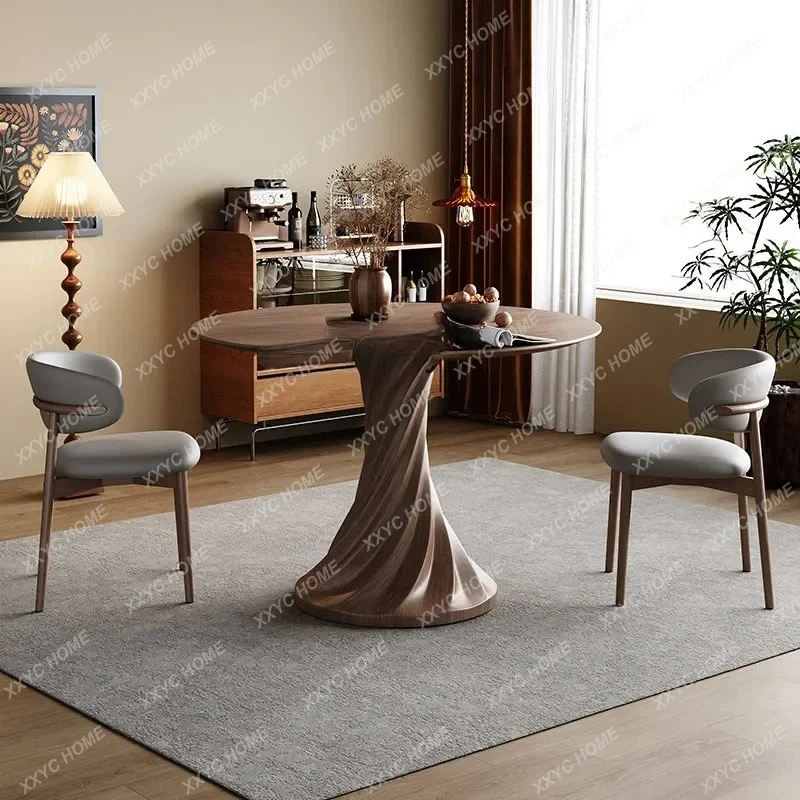 Medieval style solid wood dining table and chair combination round table walnut color retro living room dining table C56