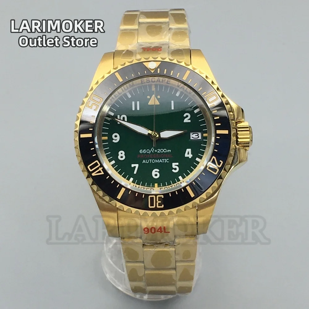 

LARIMOKER 43MM NH35 Miyota 8215 PT5000 Men's Gold Mechanical Watch Luminous Sapphire Glass Green Dial Ceramic Bezel Waterproof