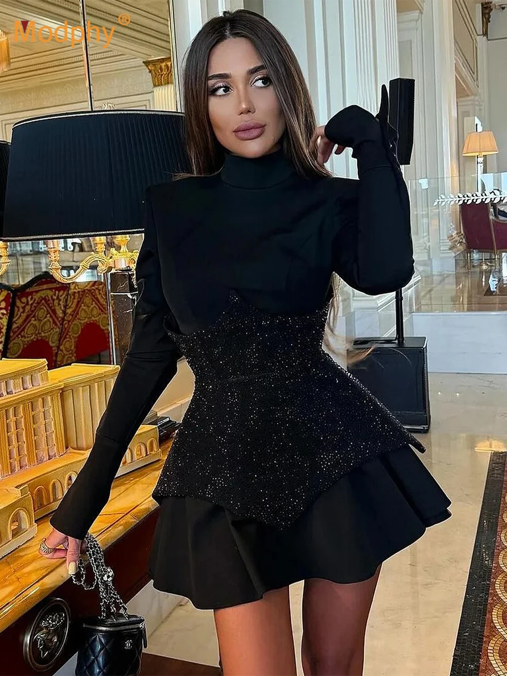 Modphy Long Sleeved Sexy Diamond Waist Design A-Line Dress Women Black Patchowork Luxury Rhinestone Celebrity Party Mini Dresses