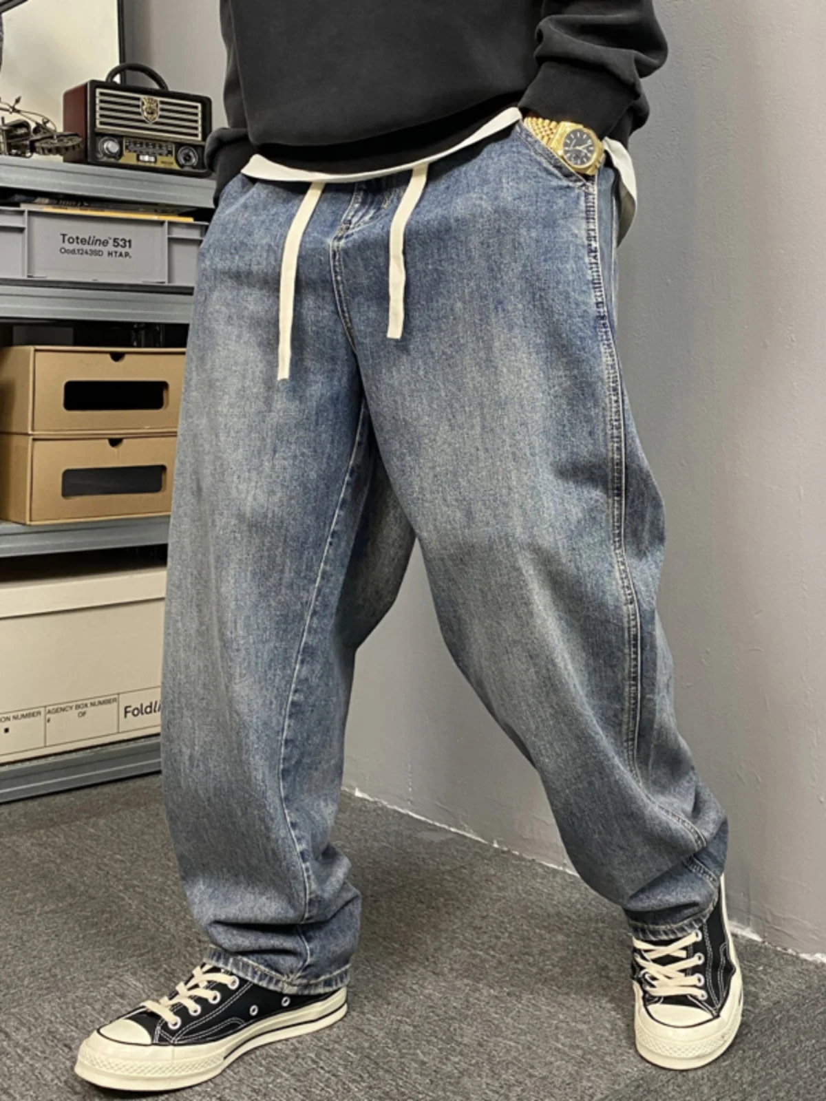 American Style Casual Faded Fat Jeans Men's Straight Loose plus Size Bell Bottom Pants Wear Resistant Long Trousers