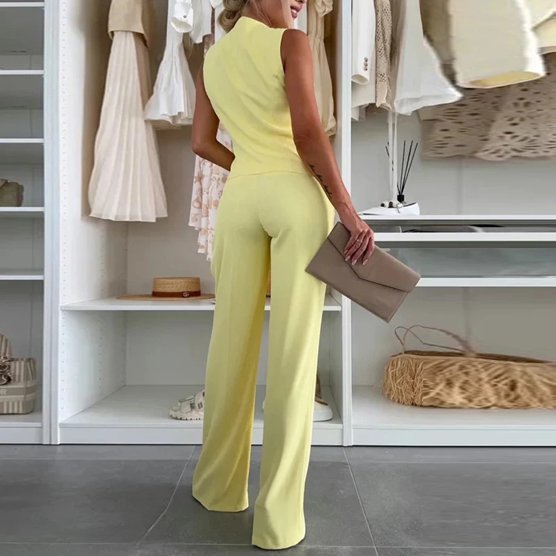 أنيقة الصلبة الأعلى السترة وبنطلون واسعة الساق دعوى عادية أكمام زر جيب س الرقبة مكتب الزي مثير فضفاض المرأة 2 قطعة مجموعة #5