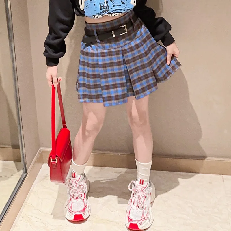 Girls Plaid Skirt 2024 Spring New Fashion Skirt Girls Super Cool Everything Plaid Skirt European Fashion Style Dress Clothes