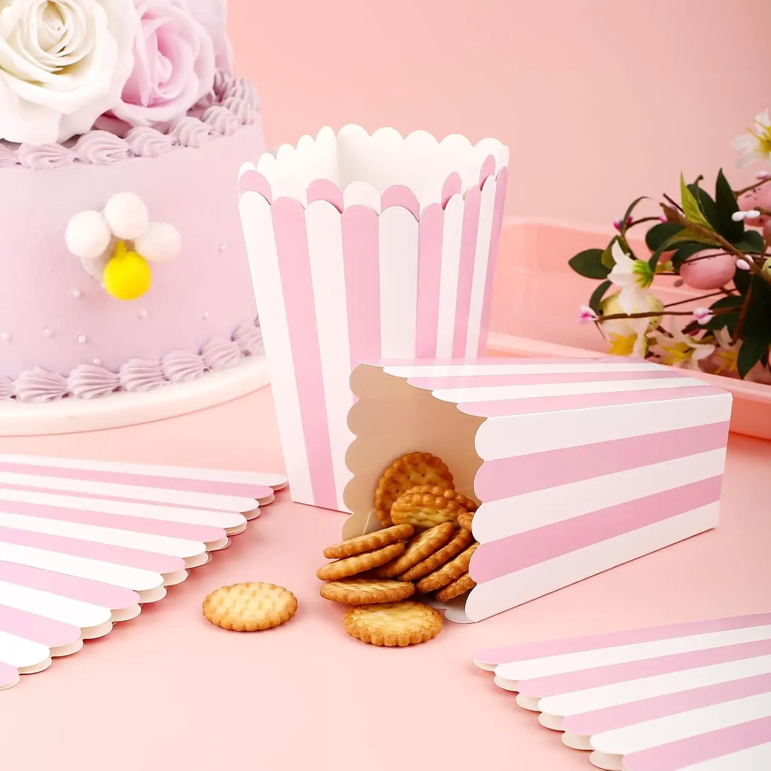 6/12/18 قطعة من صندوق الفشار الورقي المخطط المموج المنقط الوردي ، صندوق هدايا حلوى الفشار ، الزفاف ، ديكور حفلات أعياد الميلاد