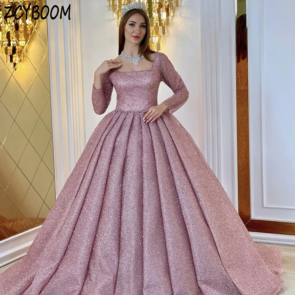 Customized Charming Square Neck Open Back Sequin Pearls Long Sleeves Evening Dress 2024 Ball Gown Floor Length Prom Dress