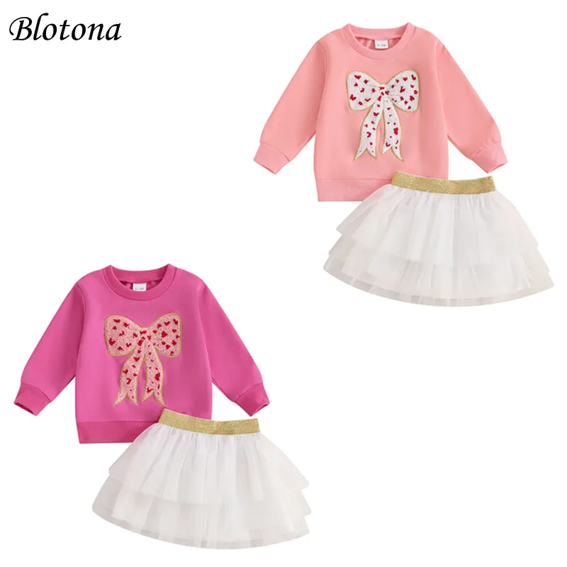 Blotona Toddler Girl Spring Fall Outfit Bow Embroidery Long Sleeve Sweatshirt Tops with Elastic Waist A-Line Tulle Skirt