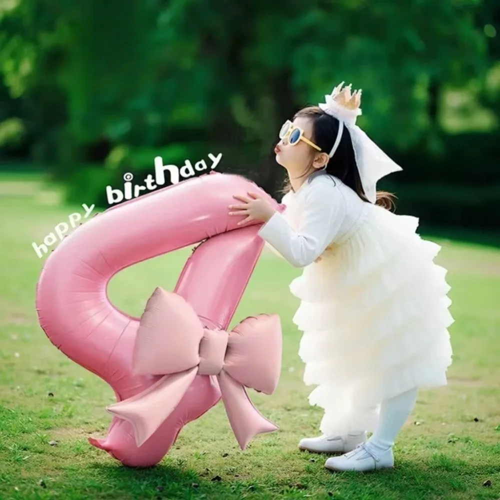 

40 Inch Pink Bow Number Foil Balloon for Girls Birthday Party Decoration Accessories Photo Prop Ballon Birthday Balloons
