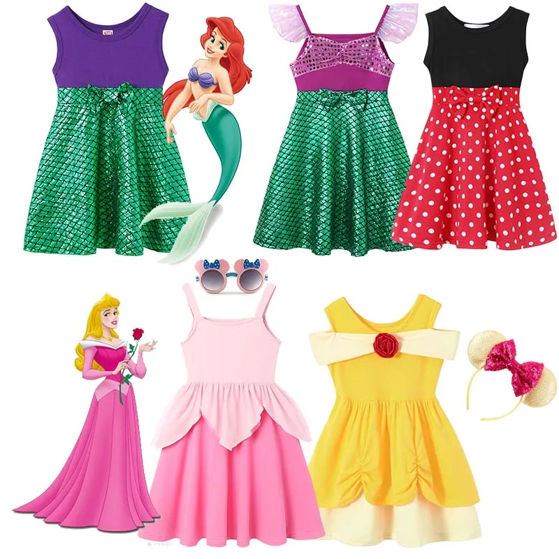 

Summer Baby Girl Princess Style Casual Dress 100%Cotton Sleeveless Knee Length Clothes Aurora Belle Mermaid Cosplay Costumes