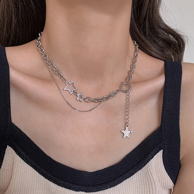 Shiny Star Layered Tassel Choker Necklace Y2k Jewelry For Women Fashion Pentagram Silver Color Chain Zircon Charm Necklaces