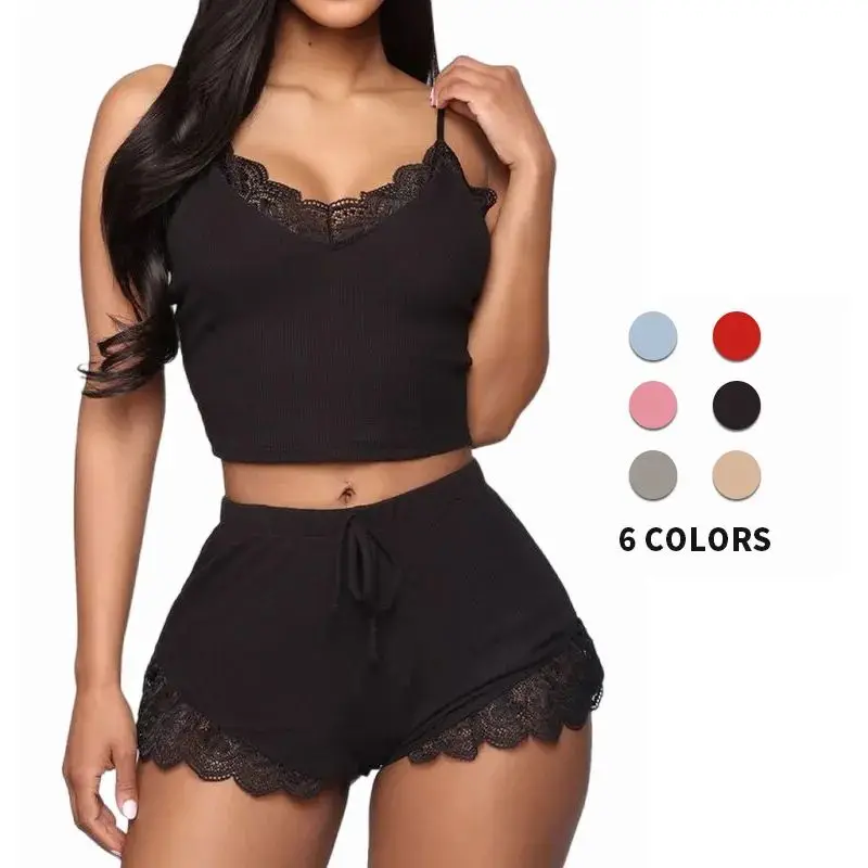 

Soft Lace Women Pajama Sets Comfortable V-Neck Sleepwear Polyester Fabric Fashionable Student Uniform Work Outfit