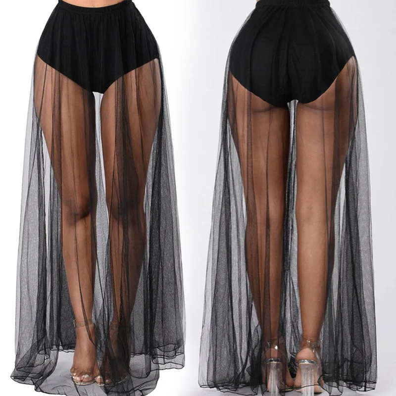 Mesh Transparent Netting Semi-Skirt with Elastic Waist for Trendy Beach Sun Protection Pants