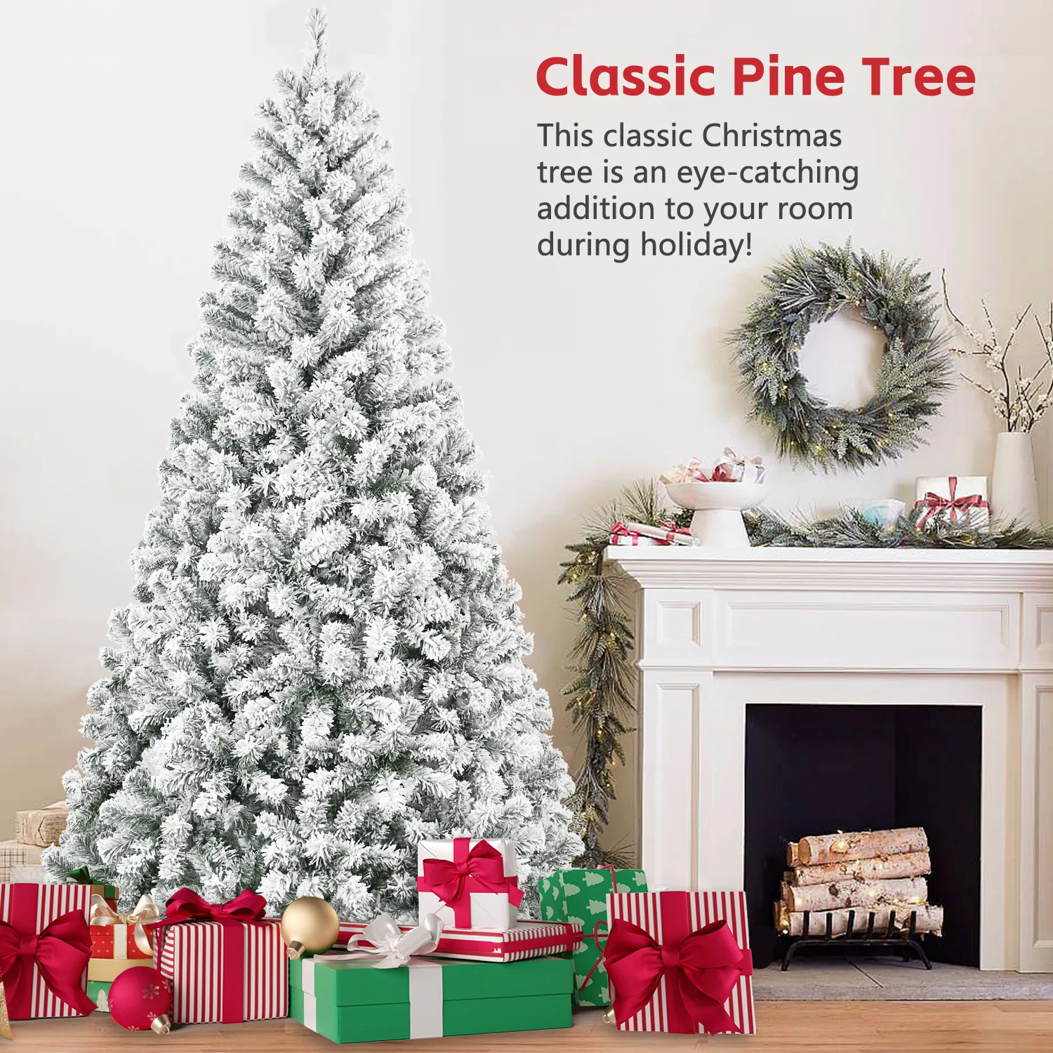 

Makeatree 7FT Pre-Lit Snow Flocked Christmas Tree, Artificial Xmas Tree with 350 Warm White Lights, Metal Base