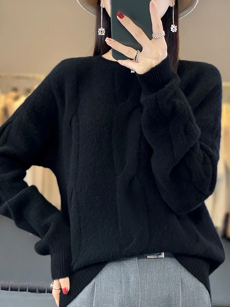 Autumn Winter Women 100% Merino Wool Sweater O- Neck Pullover Warm Casual Long Sleeve Cashmere Knitwear Korean Female Clothing