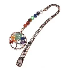 Natural 7 Chakra Quartz Crystal Beads Reiki Tree Of LIfe Stone Book Mark Red Copper Metal Bookmark Jewelry Fit Women Men Girls
