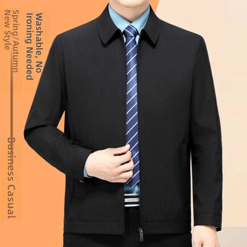 

Men's Silk Jaet Dad Clothes Spring Autumn Sle Middle-aged Gentleman's Turn-down Collar Top High-end Busin Casual Wear