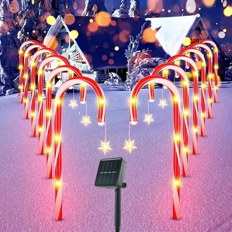 5pcs/Set Solar LED Candy Cane Crutch Light Christmas Outdoor Garden Pathway Lawn Festival Xmas New Year Candy Decor Colored Lamp