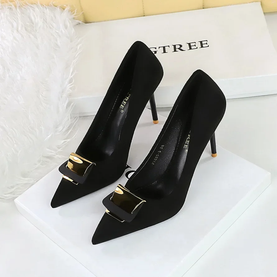 BIGTREE Shoes Metal Buckle Decoration Women Pumps Suede High Heels Ladies Shoes Stilettos Luxury Women Heels Shoes Large Size 43