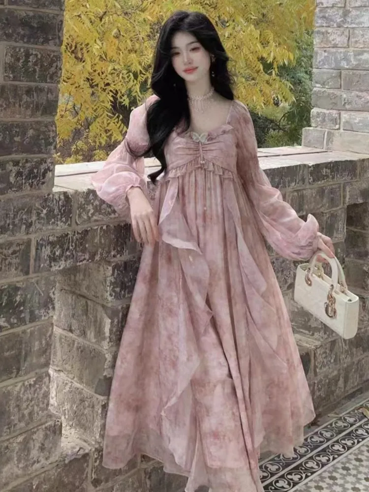 

Autumn Elegant Print Fairy Long Dresses for Women French Off Shoulder Ruffles A-Line Birthday Party Dress One Piece Vestidos New