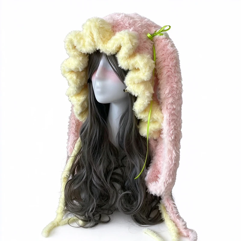 Handmade Yellow Pink Bunny Rabbit Ears Hood Hat Women Custom Crochet Warm Bow Knit Beanie Girls Winter Cosplay Kawaii Sweet Caps