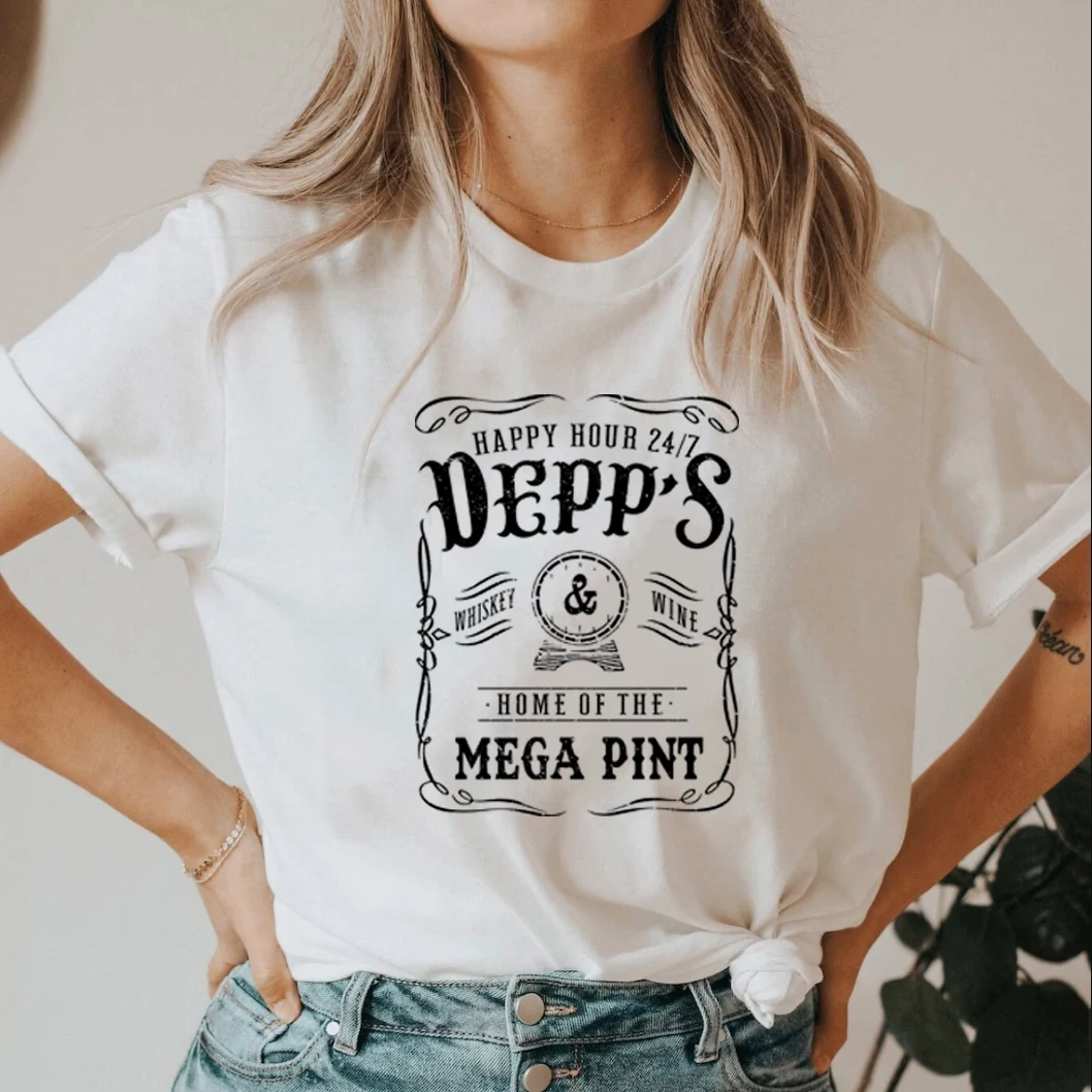 Johnny Depp Happy Hour 24/7 T Shirt Home of The Mega Pint T-shirt Funny Wine Tshirt Graphic T Shirts Vintage Short Sleeve Tees