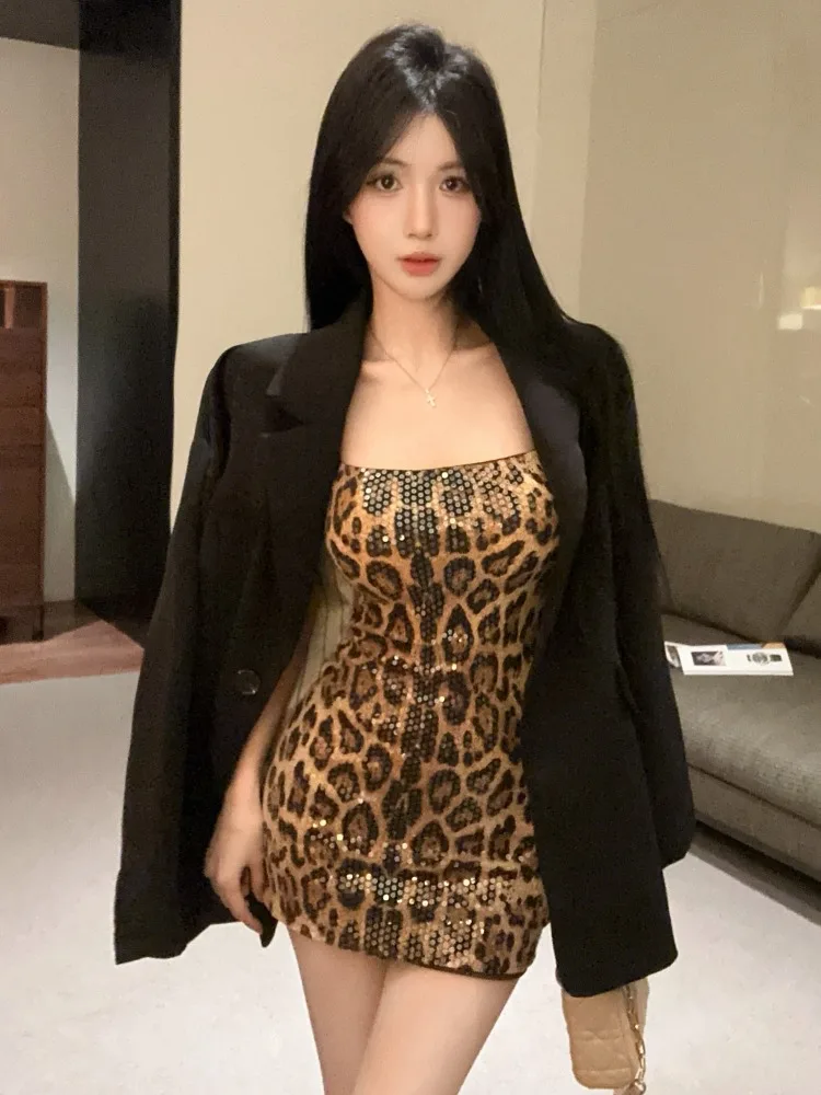 Slimming Short Strapless Sequin Bustier Dress Fashionable Retro Leopard Print Wraparound Skirt Korean Style High Waist Dress