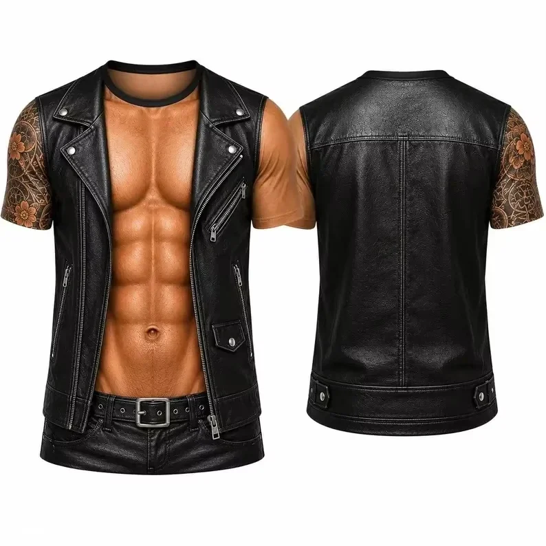 Summer Men 3D Fake Pirate Leather Vest Muscle Tattoo Print Short Sleeve T Shirt Graphic Tee Halloween Cosplay Tee Shirts