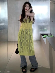 Hollow Out Crochet Knit Sleeveless Tank Dress Women V-neck Summer Streetwear Y2k Sexy See Through Dresses Vintage Cute Vestido