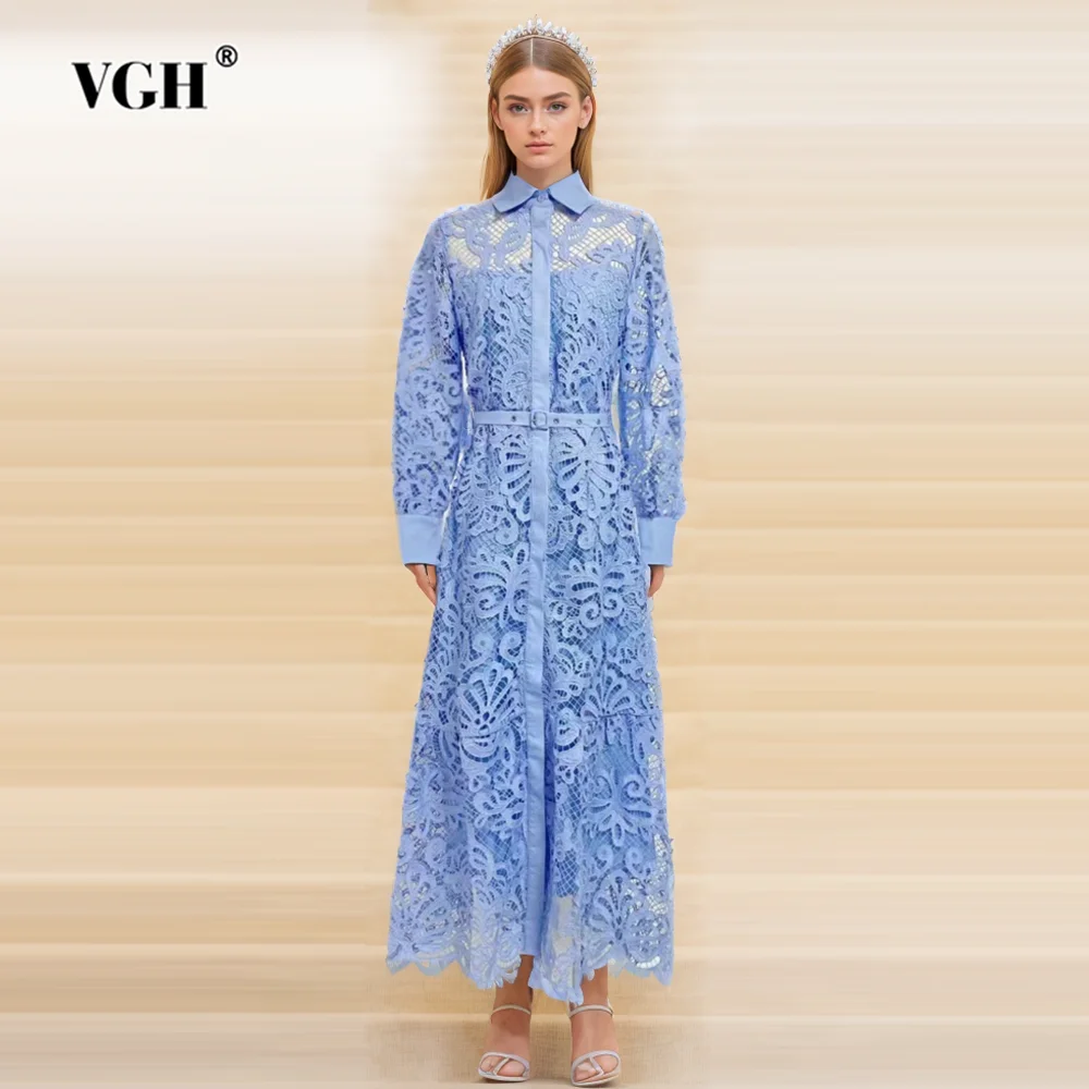 

VGH Solid Hollow Out Patchwork Belt Dresses For Women Lapel Long Sleeve High Waist Elegant Embroidery Dress Female Fashion New