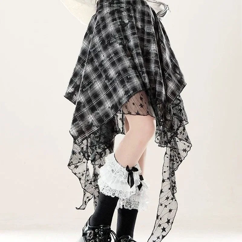 Irregular Black Plaid Skirt Children's Summer Skinny Lace Skirt Zipper