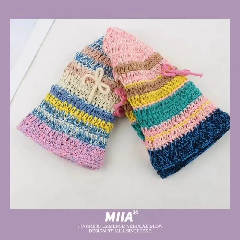 

Japanese Handwoven Bow Bucket Hat Women Color Striped Breathable Sun Shade Crochet Summer Bucket Hat