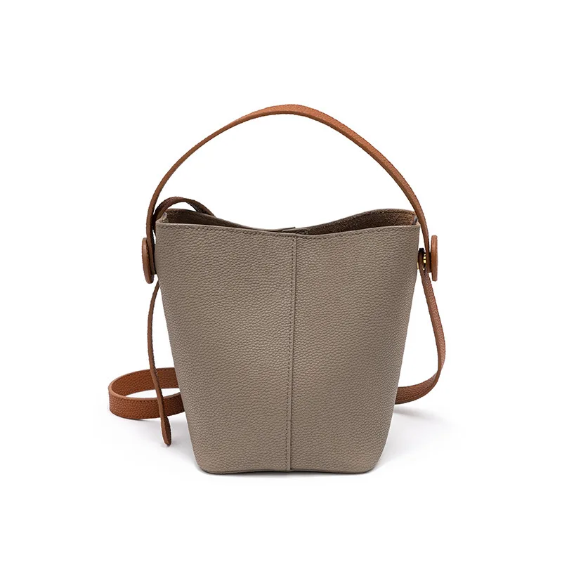 New Korean Version of Women Leather Messenger Bucket Bag Niche Hit Color Simple Vegetable Basket Handbag